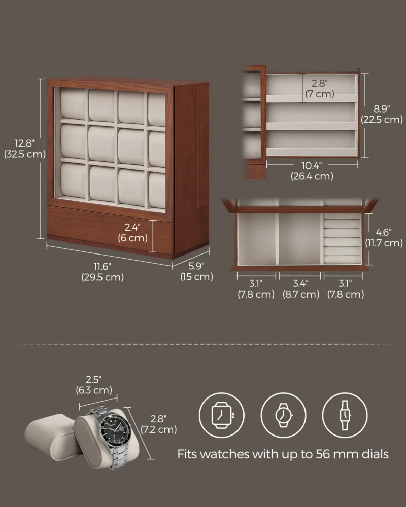 12-Slot Wooden Watch Display Box with Glass Window and Velvet Lining for Luxury Collection - Image 3