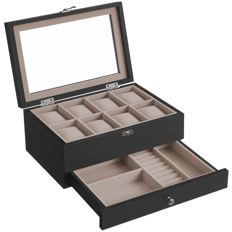 8-Slot Two-Tier Watch Display Case with Glass Lid and Velvet Lining for Luxury Timepieces - Image 8