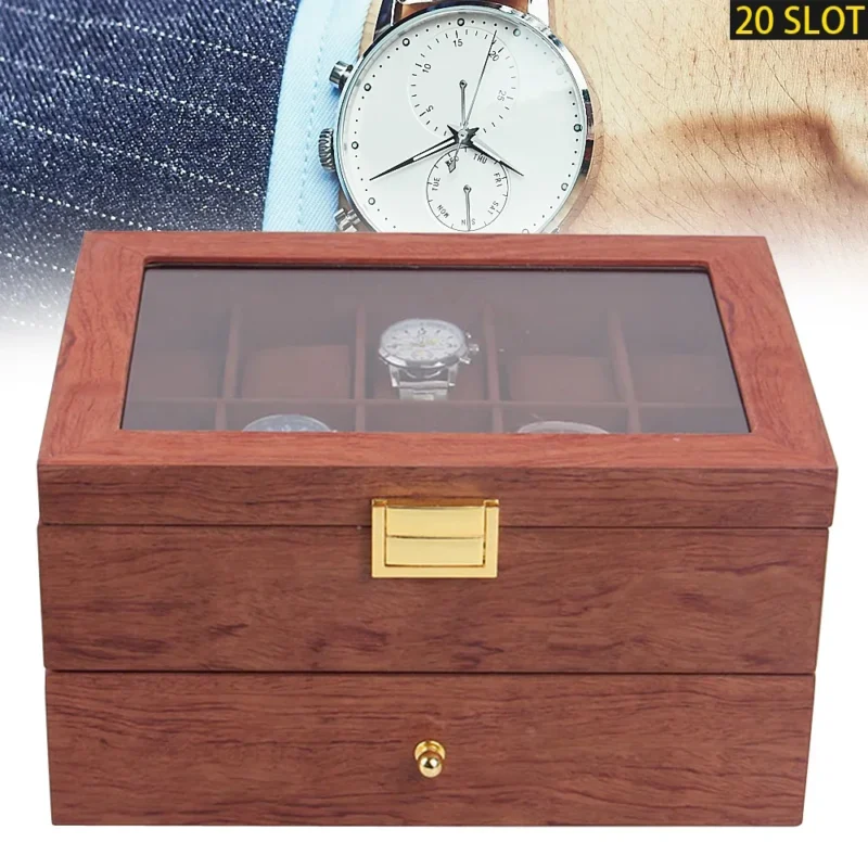 20-Slot Wooden Watch Display Case with Glass Lid and Velvet Interior for Collectors - Image 4