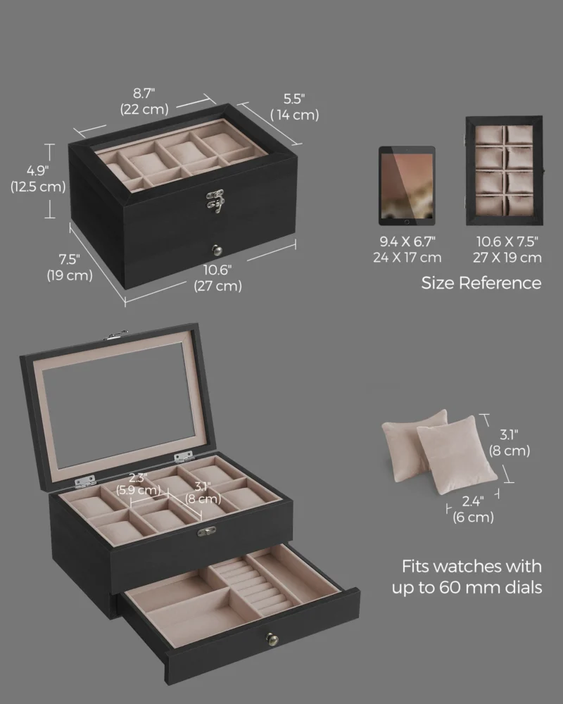 8-Slot Two-Tier Watch Display Case with Glass Lid and Velvet Lining for Luxury Timepieces - Image 3
