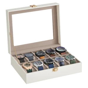 10-Slot Wooden Watch Display Case with Glass Lid and Removable Cushions