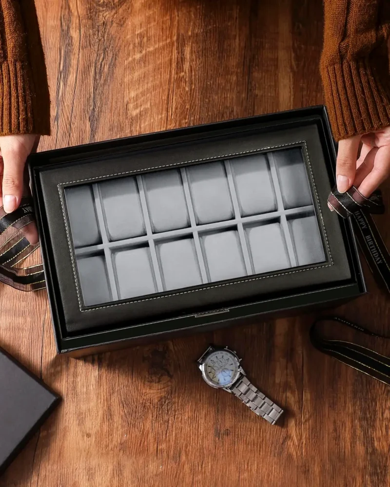 12-Slot Leather Watch Display Case with Lock and 2-Tier Drawer for Collectors - Image 6