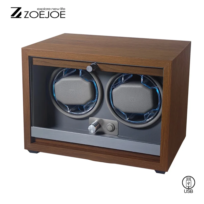 Luxury Wooden Double Watch Winder Box with LED Lighting for Automatic Timepieces - Image 7