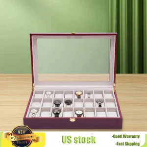 24-Slot Vintage Wooden Watch Display Case with Glass Top and Locking Clasp
