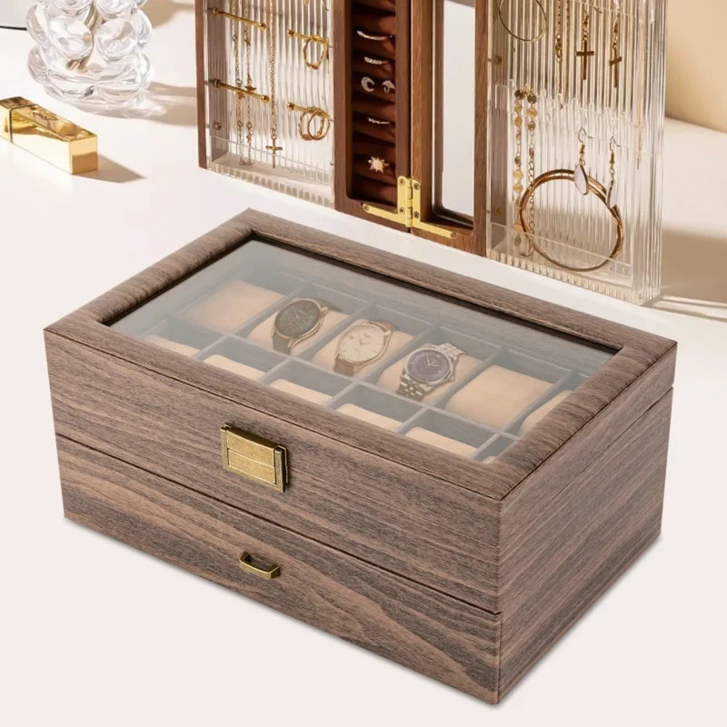 24-Slot Double Layer Wood Grain Watch Display Case with Glass Top for Collectors - Image 3