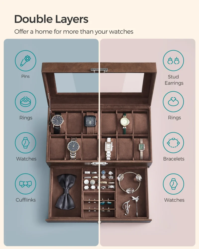 Premium 12-Slot Wooden Watch Box with Glass Lid and Jewelry Drawer - Image 4