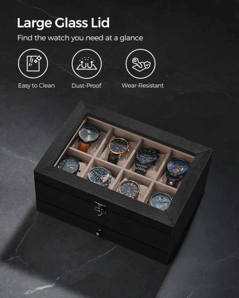8-Slot Two-Tier Watch Display Case with Glass Lid and Velvet Lining for Luxury Timepieces - Image 6