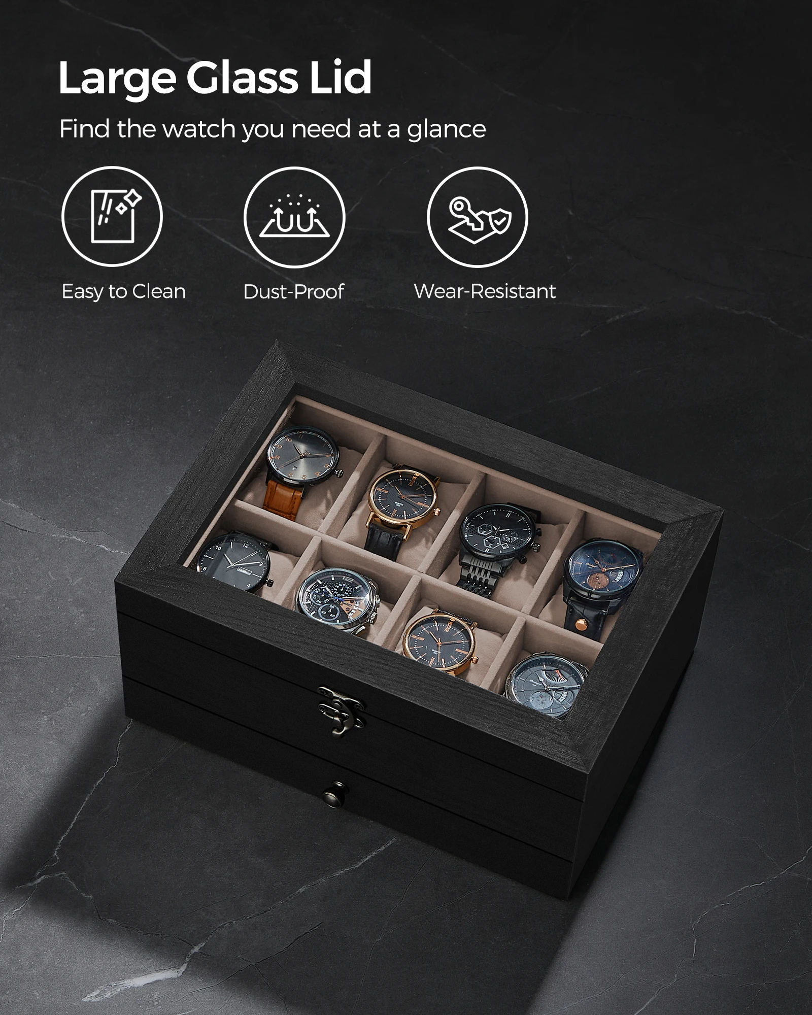 Compartmentalized watch storage tray designed to fit precisely in standard drawer dimensions