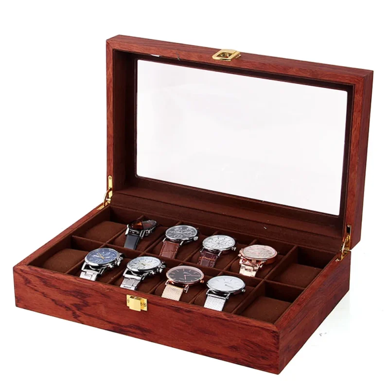 Handcrafted Wooden 12-Slot Watch Display Case with Glass Top for Premium Collection Storage - Image 7
