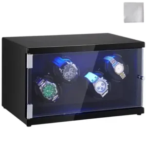 4-Slot Automatic Watch Winder Box with LED Lighting and Dual Quiet Motors