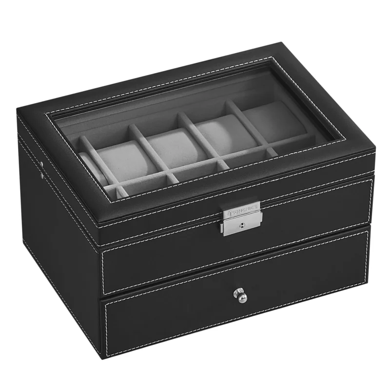 20-Slot Luxury Black Leather Watch Box with Glass Lid and Secure Lock - Image 7
