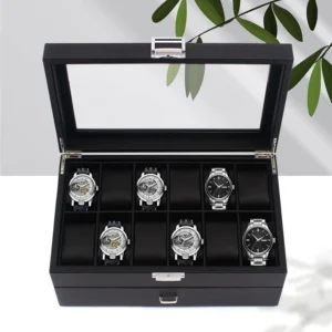 24-Slot Carbon Fiber Watch Display Case with Metal Hinges and Storage Drawer