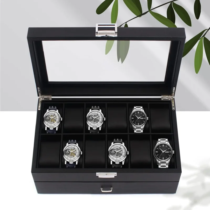 24-Slot Carbon Fiber Watch Display Case with Metal Hinges and Storage Drawer