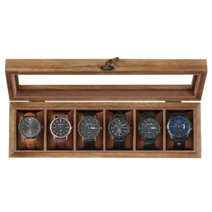 Handcrafted Wooden 6-Slot Watch Display Case with Glass Top and Removable Cushions