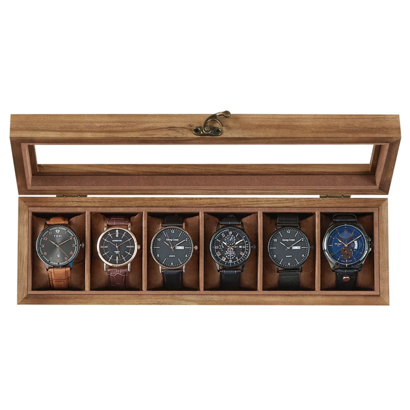 Handcrafted Wooden 6-Slot Watch Display Case with Glass Top and Removable Cushions