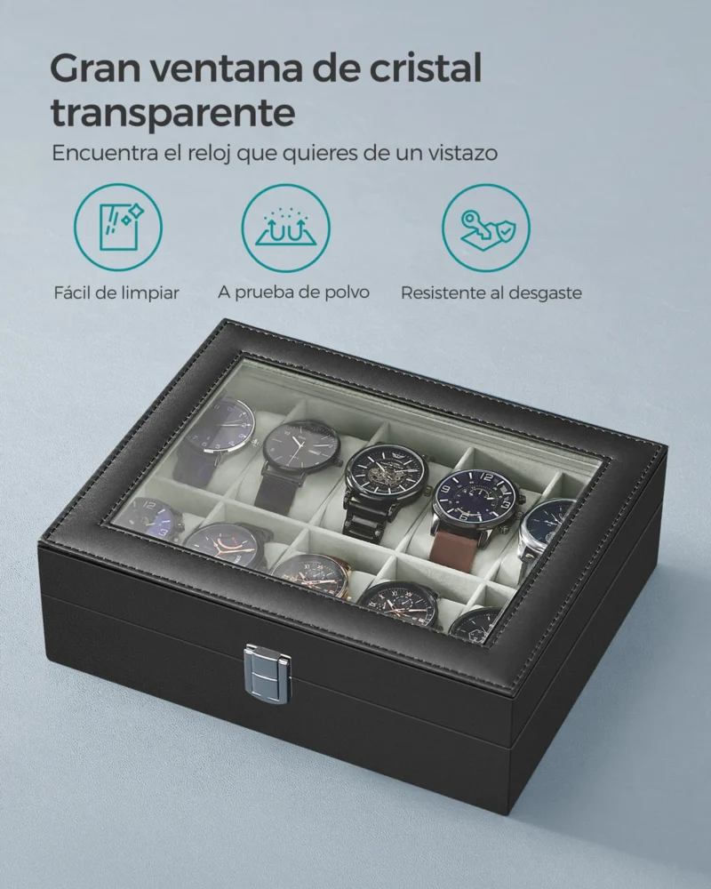 10-Slot Leather Watch Storage Box with Glass Lid and Removable Pillows for Collectors - Image 5