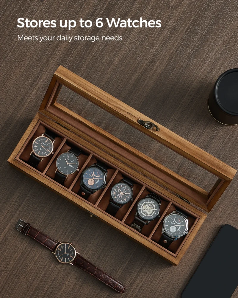 Handcrafted Wooden 6-Slot Watch Display Case with Glass Top and Removable Cushions - Image 3