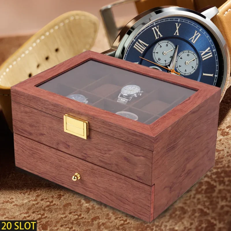 20-Slot Wooden Watch Display Case with Glass Lid and Velvet Interior for Collectors - Image 3