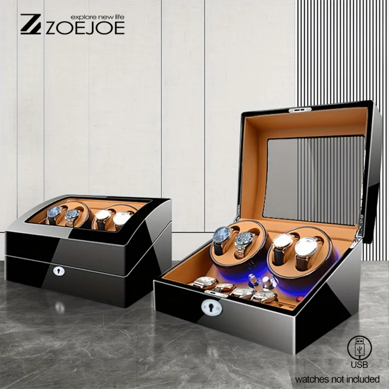 10-Slot Luxury Watch Winder Box with LED Lights and Security Lock - Image 3