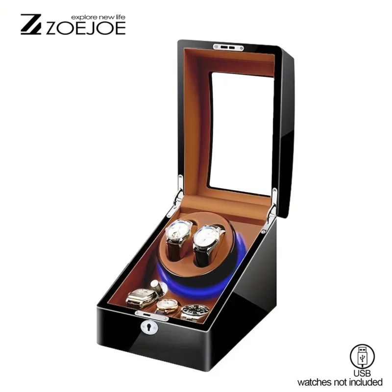 4-Slot Premium Watch Winder Box with LED Lighting and Secure Lock for Automatic Timepieces - Image 8