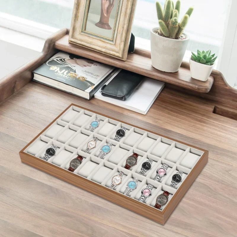 30-Slot Wooden Watch Display Case with Removable Cushions for Collection Organization