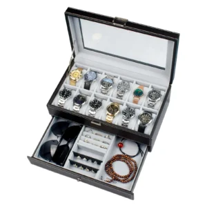 12-Slot Leather Watch Display Case with Lock and 2-Tier Drawer for Collectors
