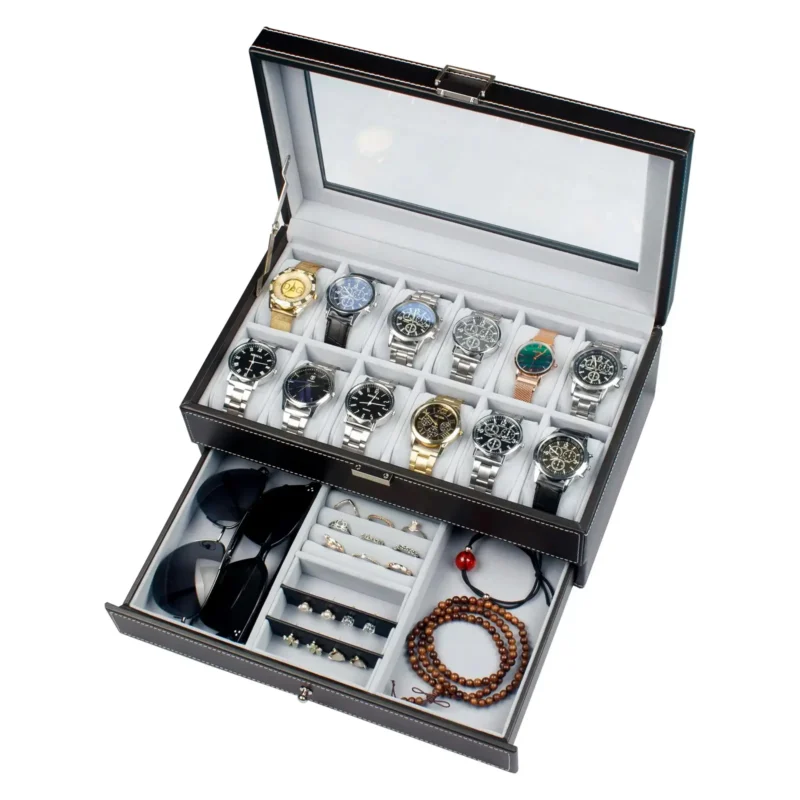12-Slot Leather Watch Display Case with Lock and 2-Tier Drawer for Collectors