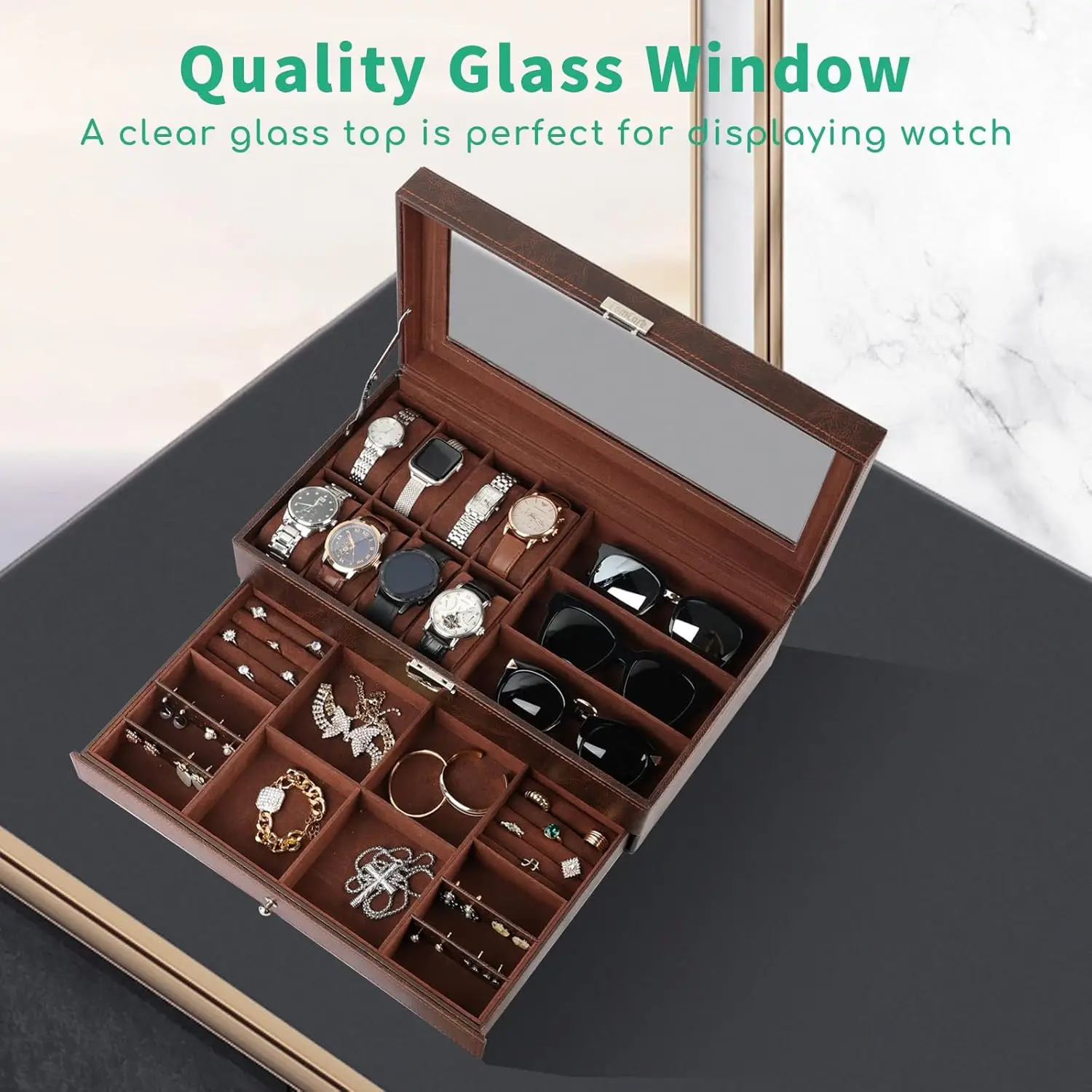 Multi-slot wooden watch display case with glass top showcasing organized collection