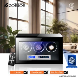 3-Slot Carbon Fiber Touchscreen Watch Winder with Fingerprint Lock and Adjustable Pillows
