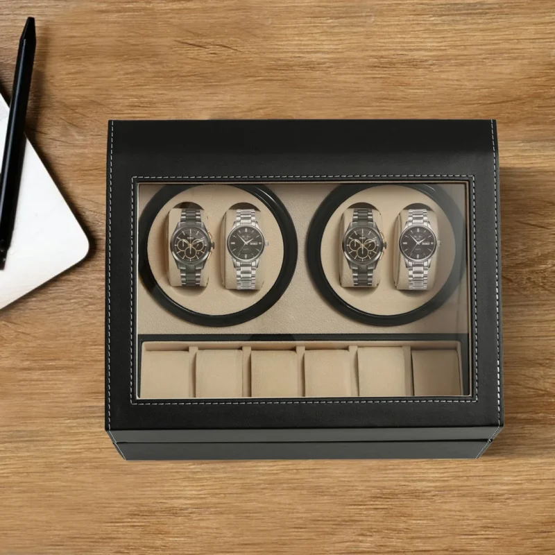 Luxury 10-Slot Automatic Watch Winder Display Box with Leather & Wood Construction - Image 2