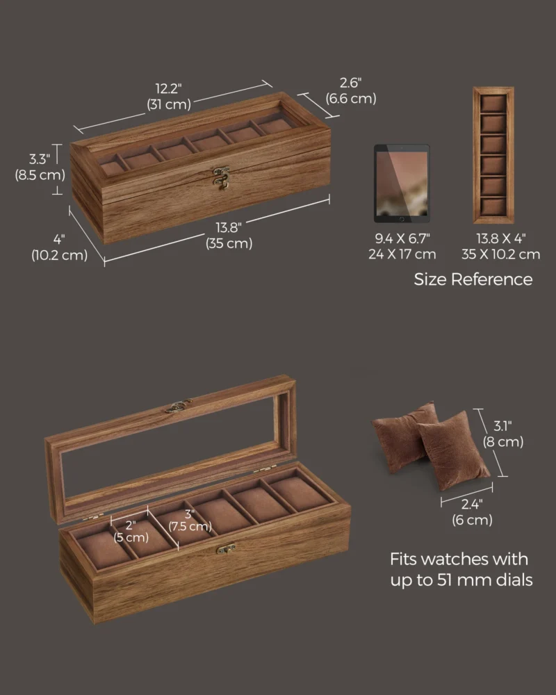 Handcrafted Wooden 6-Slot Watch Display Case with Glass Top and Removable Cushions - Image 6