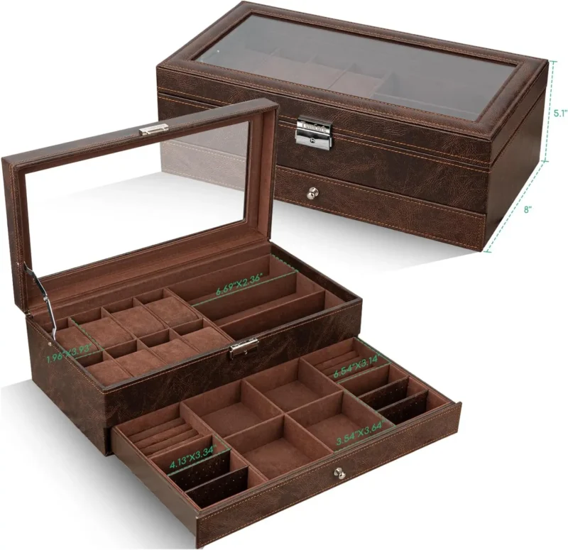 12-Slot Wooden Watch Display Case with Glass Lid and Secure Lock - Image 3