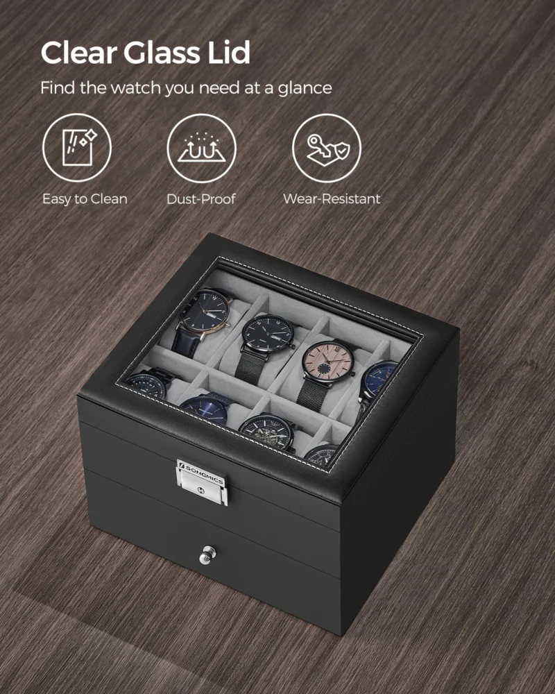 20-Slot Lockable Watch Display Case with Glass Lid and Leather Exterior - Image 6