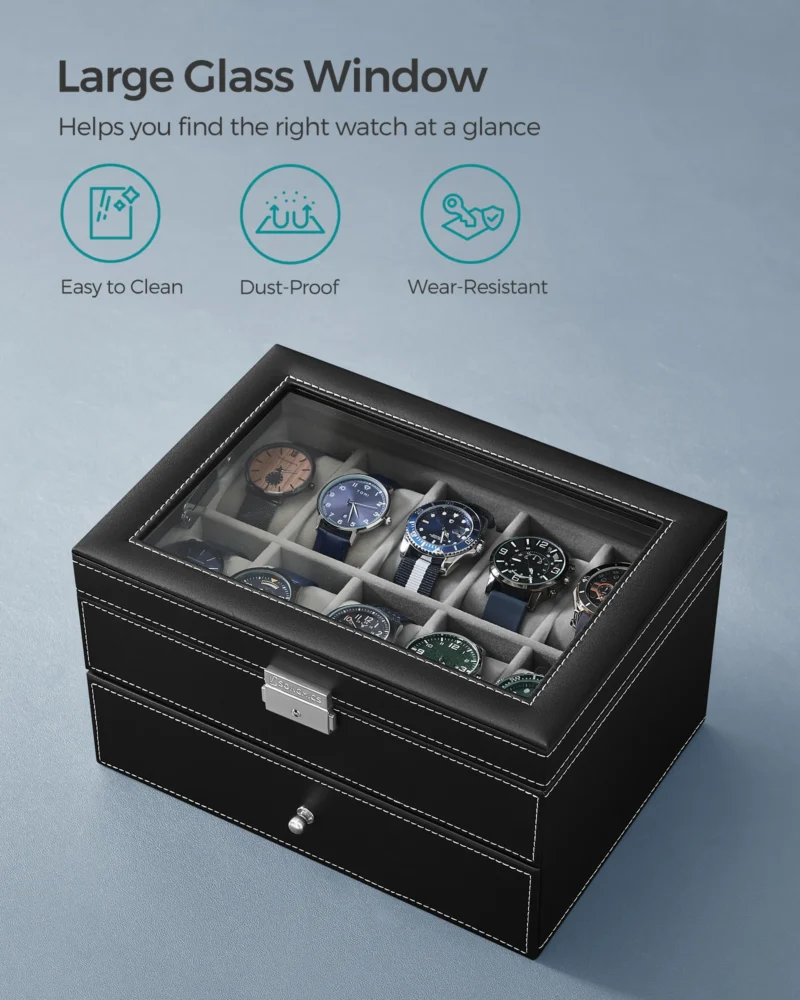 20-Slot Luxury Black Leather Watch Box with Glass Lid and Secure Lock - Image 5