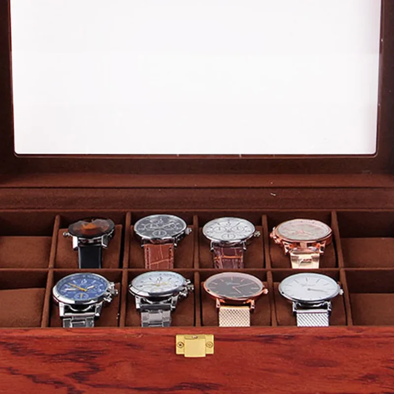 Handcrafted Wooden 12-Slot Watch Display Case with Glass Top for Premium Collection Storage - Image 2
