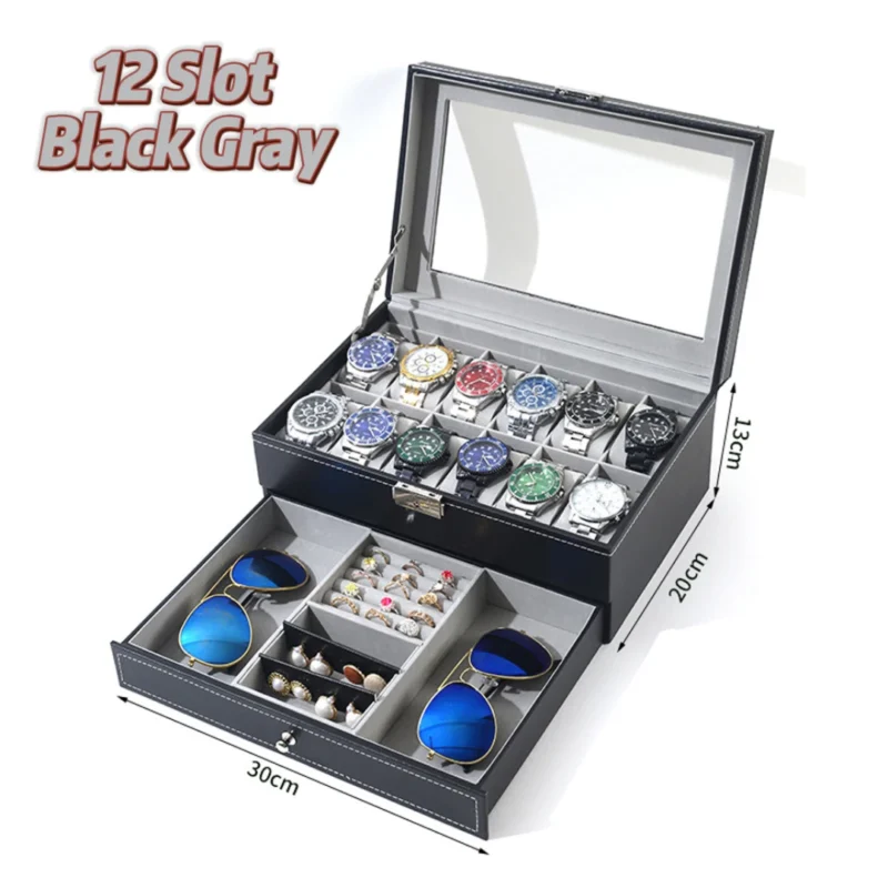 12-Slot Leather Watch Display Case with Lock and 2-Tier Drawer for Collectors - Image 9