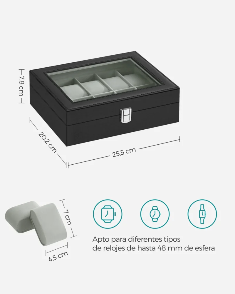 10-Slot Leather Watch Storage Box with Glass Lid and Removable Pillows for Collectors - Image 3