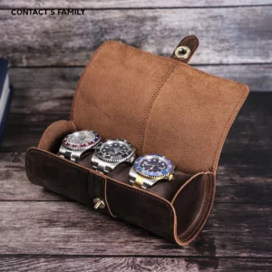 Premium Leather 3-Slot Watch Roll Travel Case with Secure Buckle Closure