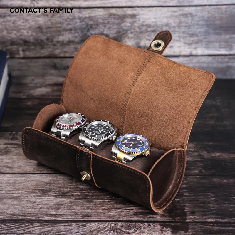 Premium Leather 3-Slot Watch Roll Travel Case with Secure Buckle Closure