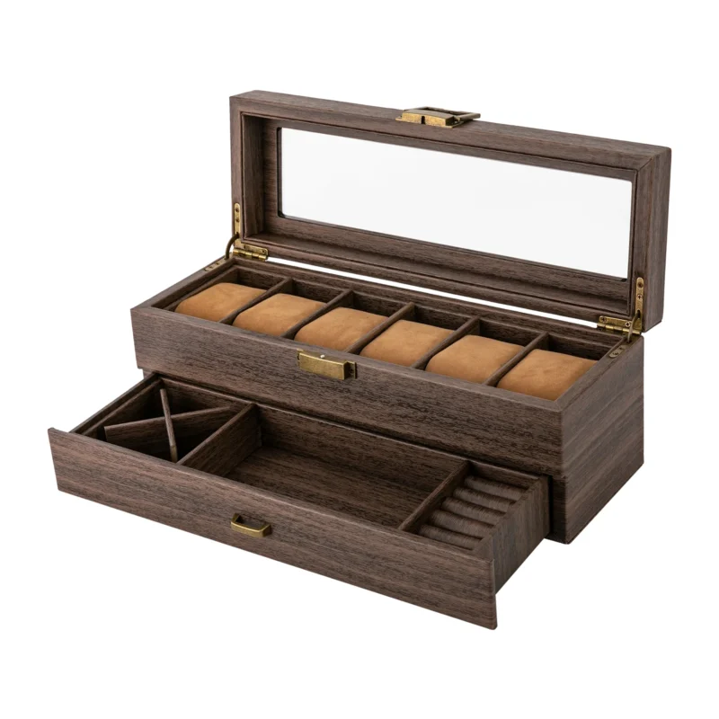 6-Slot Vintage Wood Watch Box with Storage Drawer for Jewelry Collection - Image 7