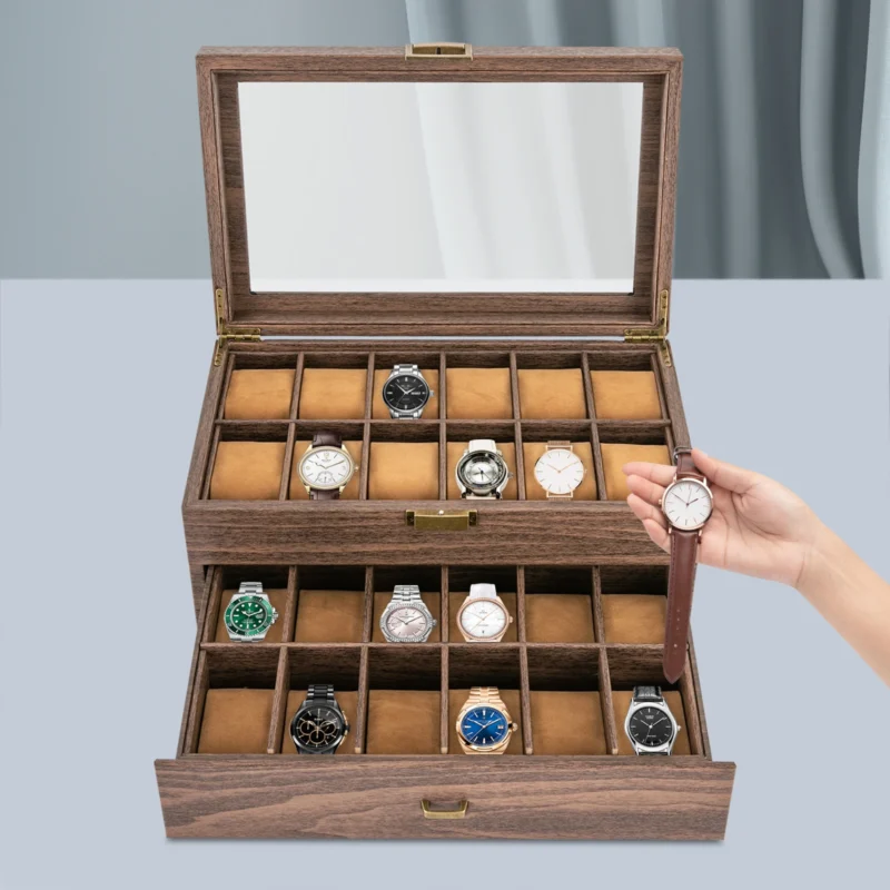 24-Slot Double Layer Wood Grain Watch Display Case with Glass Top for Collectors - Image 4