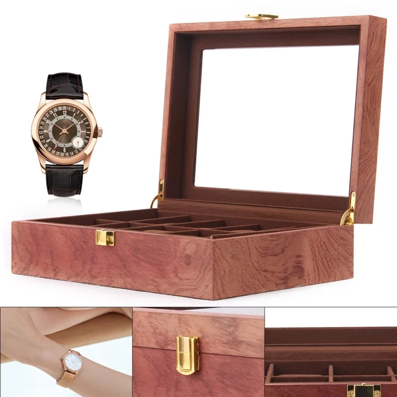 10-Slot Wooden Watch Display Box with Glass Viewing Window and Protective Cushions - Image 2