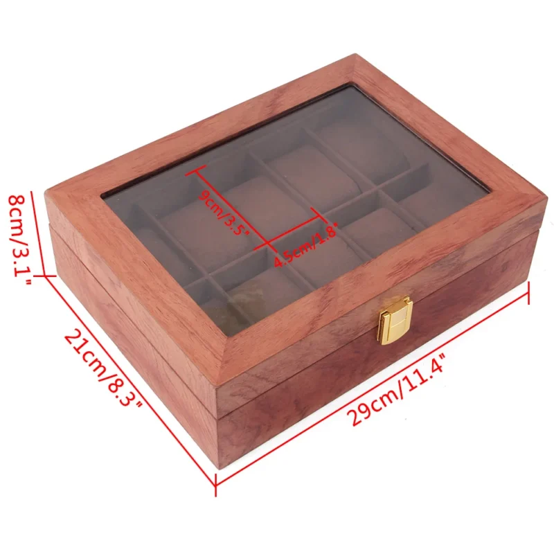 10-Slot Wooden Watch Display Box with Glass Viewing Window and Protective Cushions - Image 4