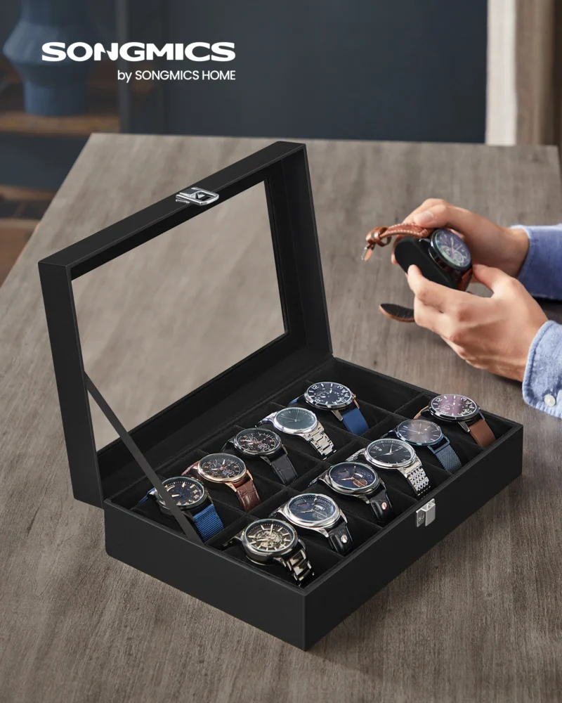 12-Slot Leather Watch Display Case with Glass Lid and Removable Pillows - Image 2