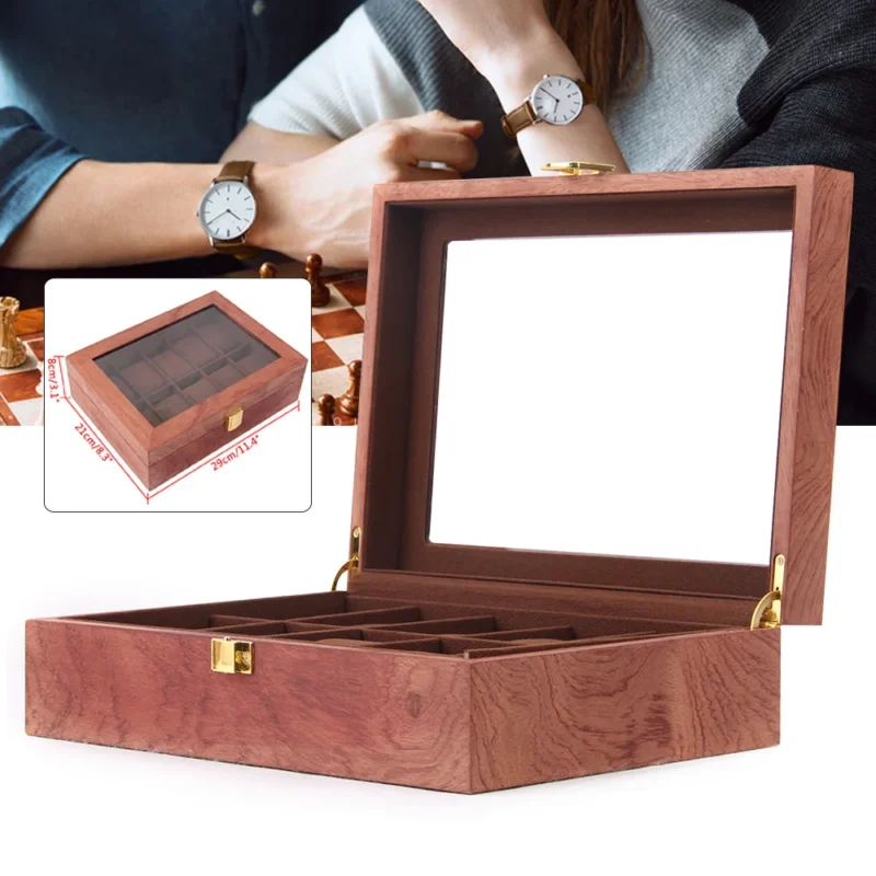 10-Slot Wooden Watch Display Box with Glass Viewing Window and Protective Cushions - Image 5