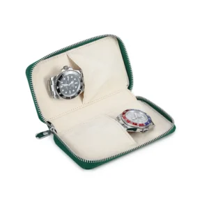 Premium Genuine Leather 2-Slot Watch Travel Case with Zipper Protection for Luxury Timepieces
