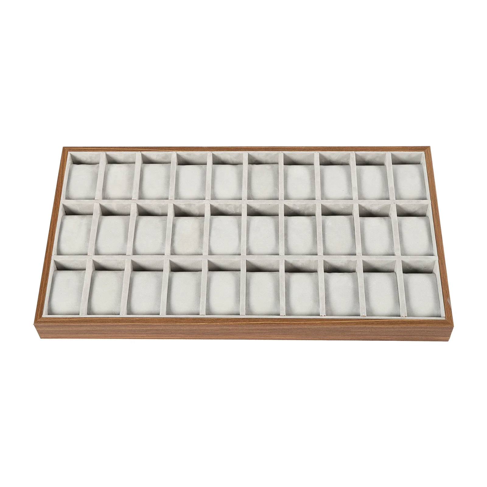 Multi-compartment wooden watch display case showing various storage configuration options