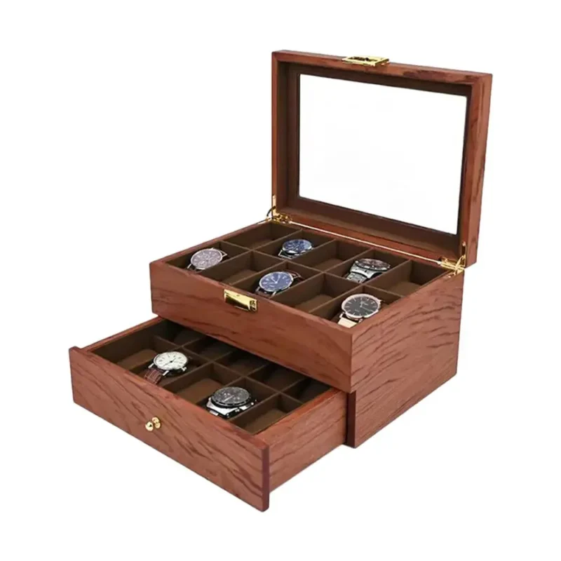 20-Slot Wooden Watch & Jewelry Display Case with Storage Drawer for Collectors - Image 5