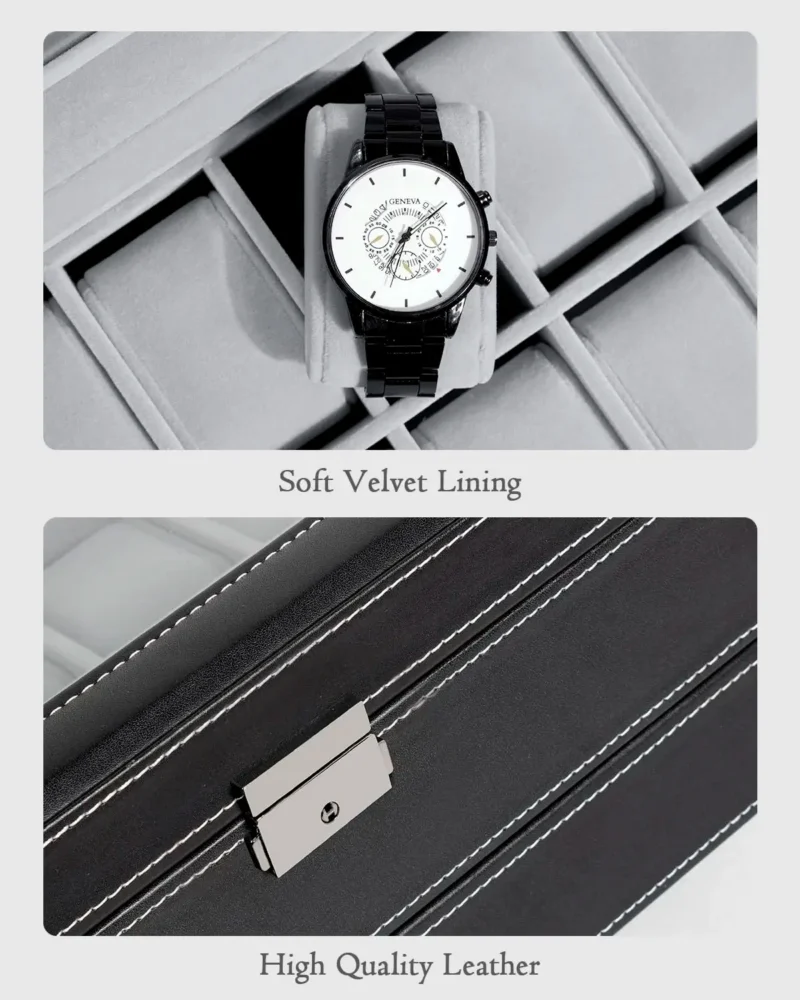 12-Slot Leather Watch Display Case with Lock and 2-Tier Drawer for Collectors - Image 4