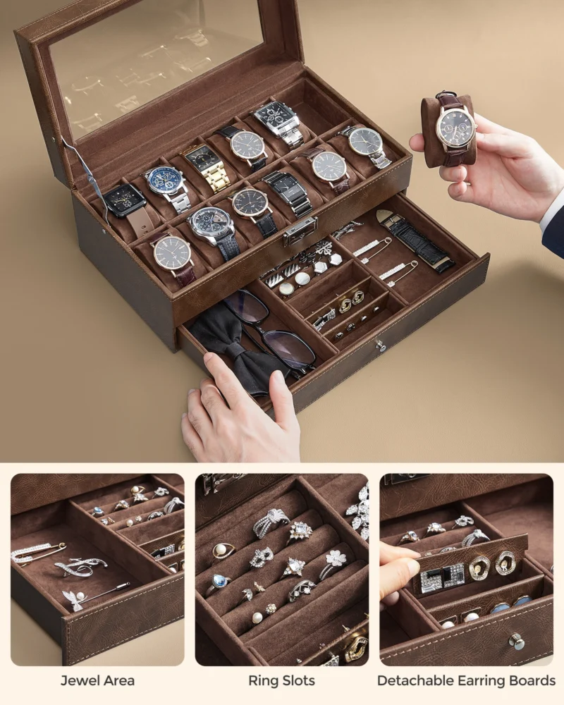 Premium 12-Slot Wooden Watch Box with Glass Lid and Jewelry Drawer - Image 5
